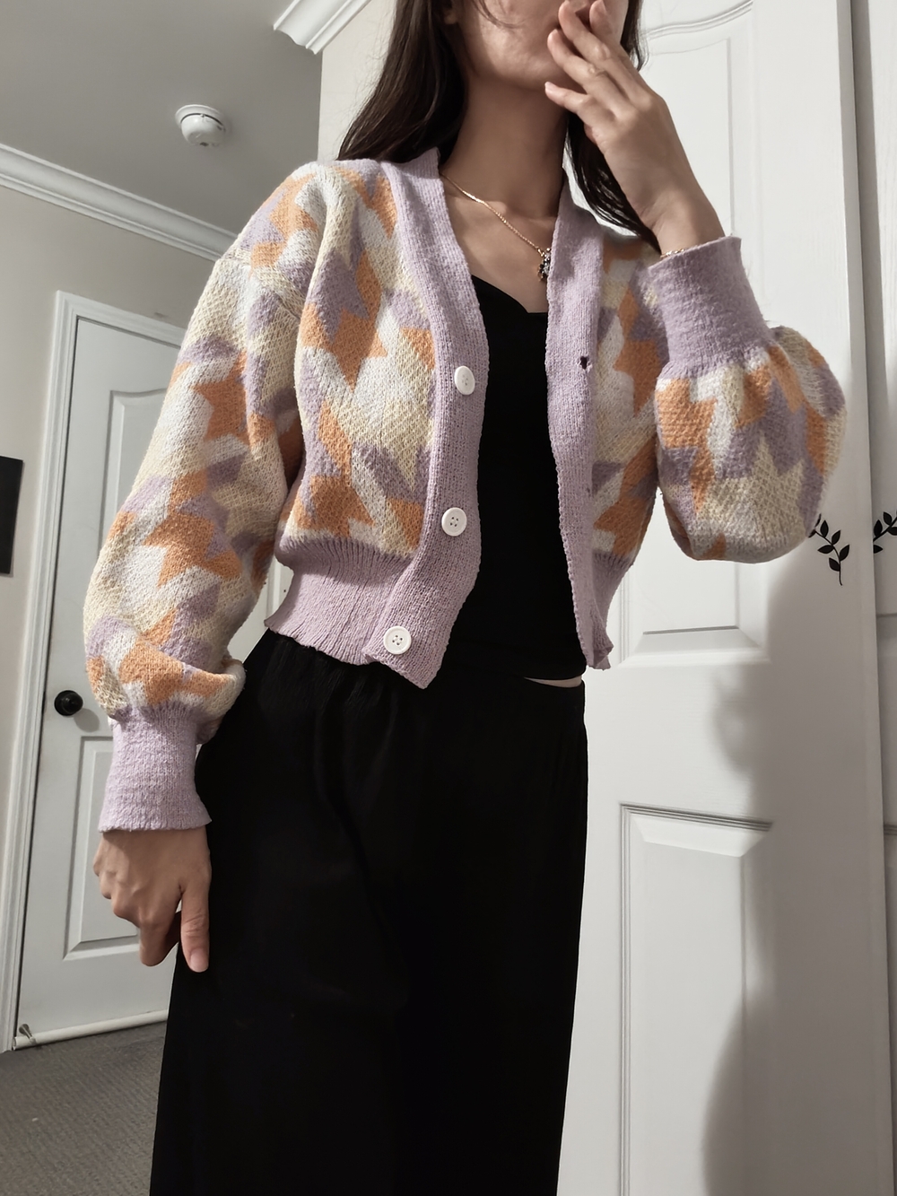 Lavender & Peach Patterned Cropped Cardigan